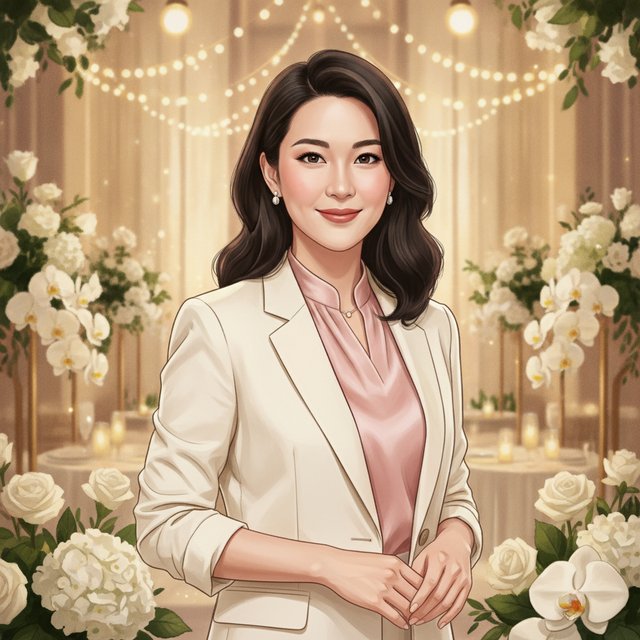 婚禮企劃與主持人 Clarie 於婚禮佈置現場的插畫形象
